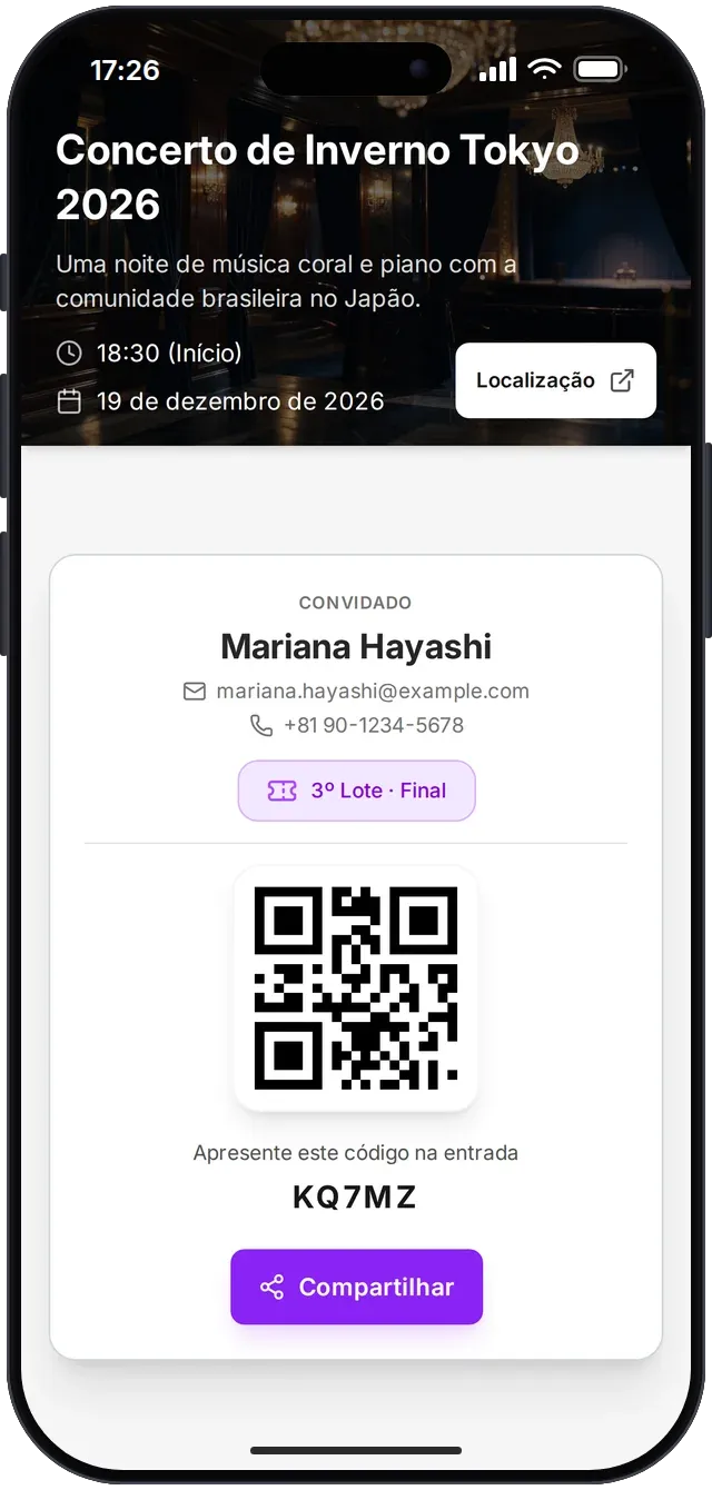 QRコード、ゲスト名、ロット、コードを表示した、入口でスキャンできるスマホ用デジタルチケット